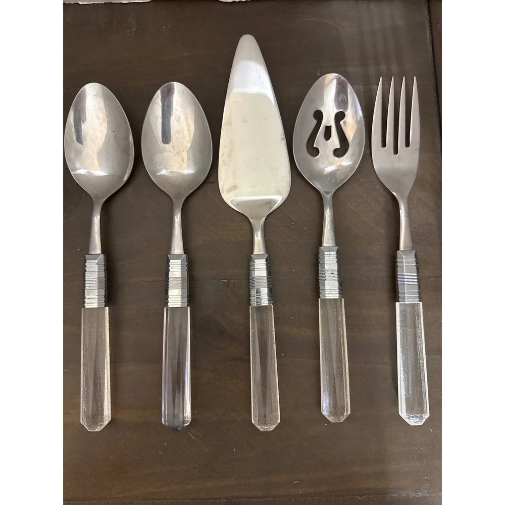 Vintage 5pc Stainless Japan Serving Set Clear Lucite Acrylic Handles MCM Retro